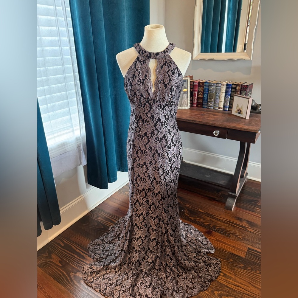 Night Way Collections Black and Silver Lace Evening Gown